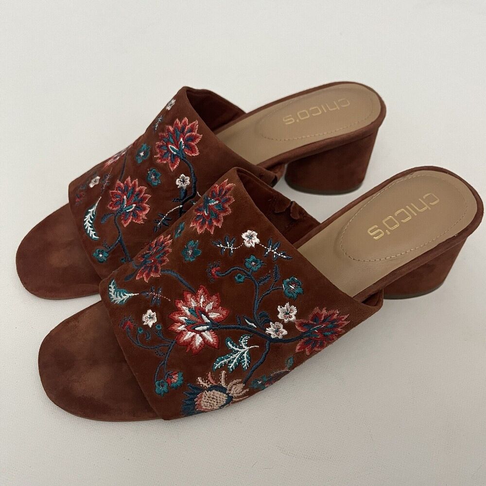 Chicos Wanda Brown Embroidered Floral Suede Mules Shoes Block Heels